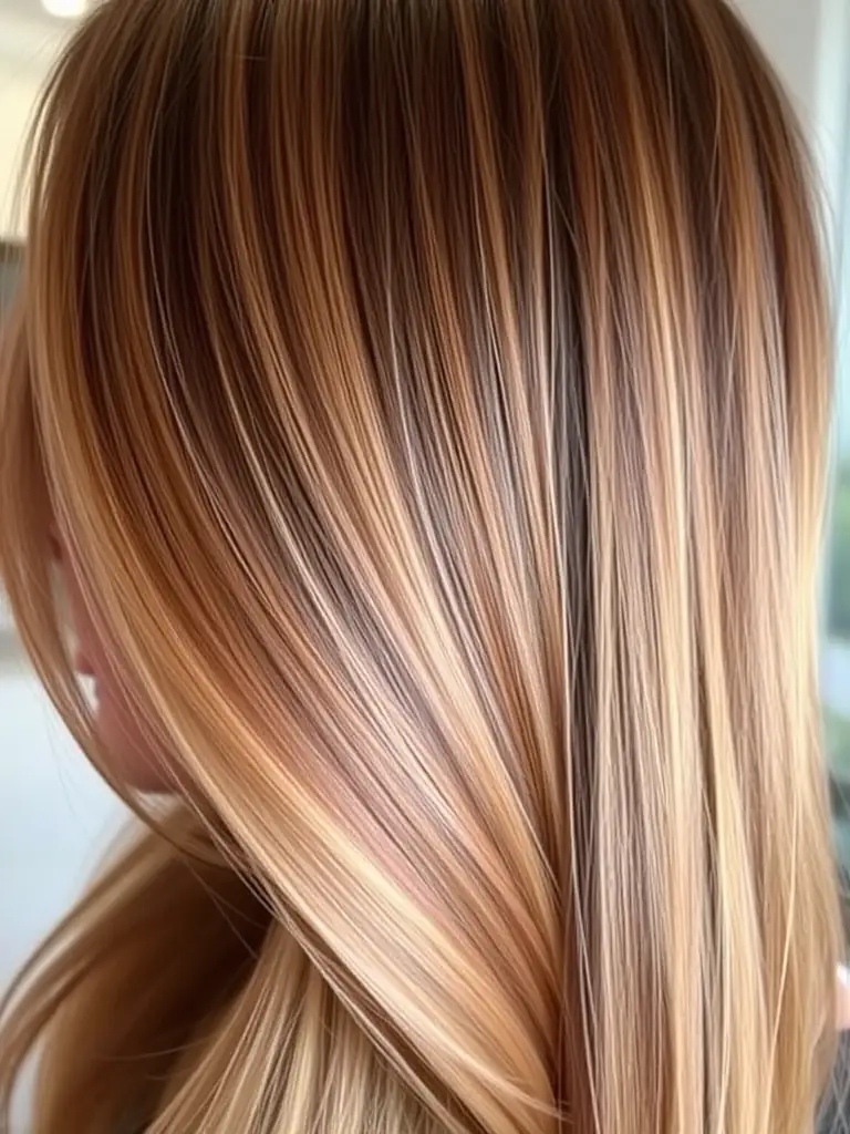 A close-up shot of a woman's hair showcasing a vibrant balayage color treatment, with seamless blending and healthy shine. The image should highlight the salon's skill in creating stunning color transformations.