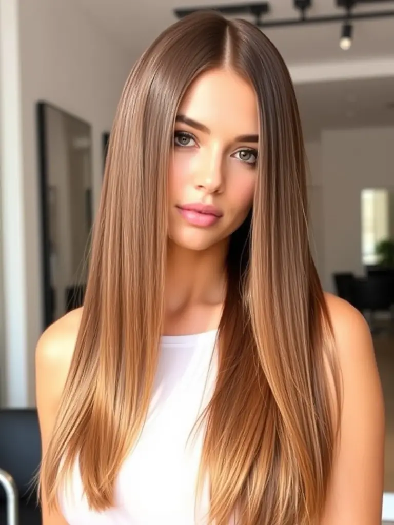 A woman with sleek, straight hair after a keratin bond therapy treatment, with a glossy finish and no frizz. The image should demonstrate the effectiveness of the salon's keratin treatments in achieving smooth, manageable hair.