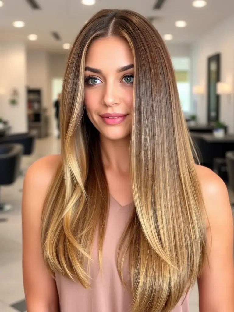 A before-and-after photo demonstrating the transformative effect of tape-in hair extensions, showing a client with visibly increased hair length and volume, styled in a sleek, straight look.