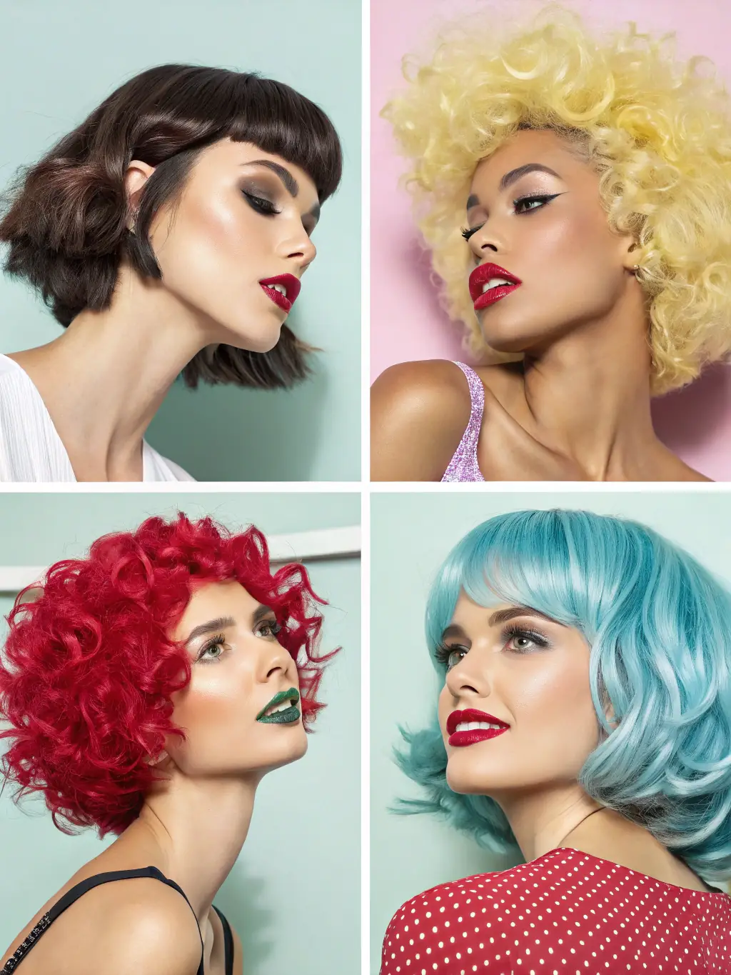 A collage showcasing various creative coloring options, including pastel shades, vibrant hues, and bold color blocking, demonstrating the salon's expertise in unique and personalized color designs.