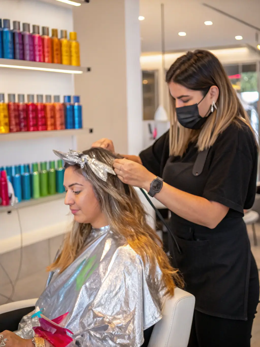 A client at Amy Clare Hair smiling as a stylist applies highlights to her hair, demonstrating the salon's expertise in creating vibrant and dimensional color.