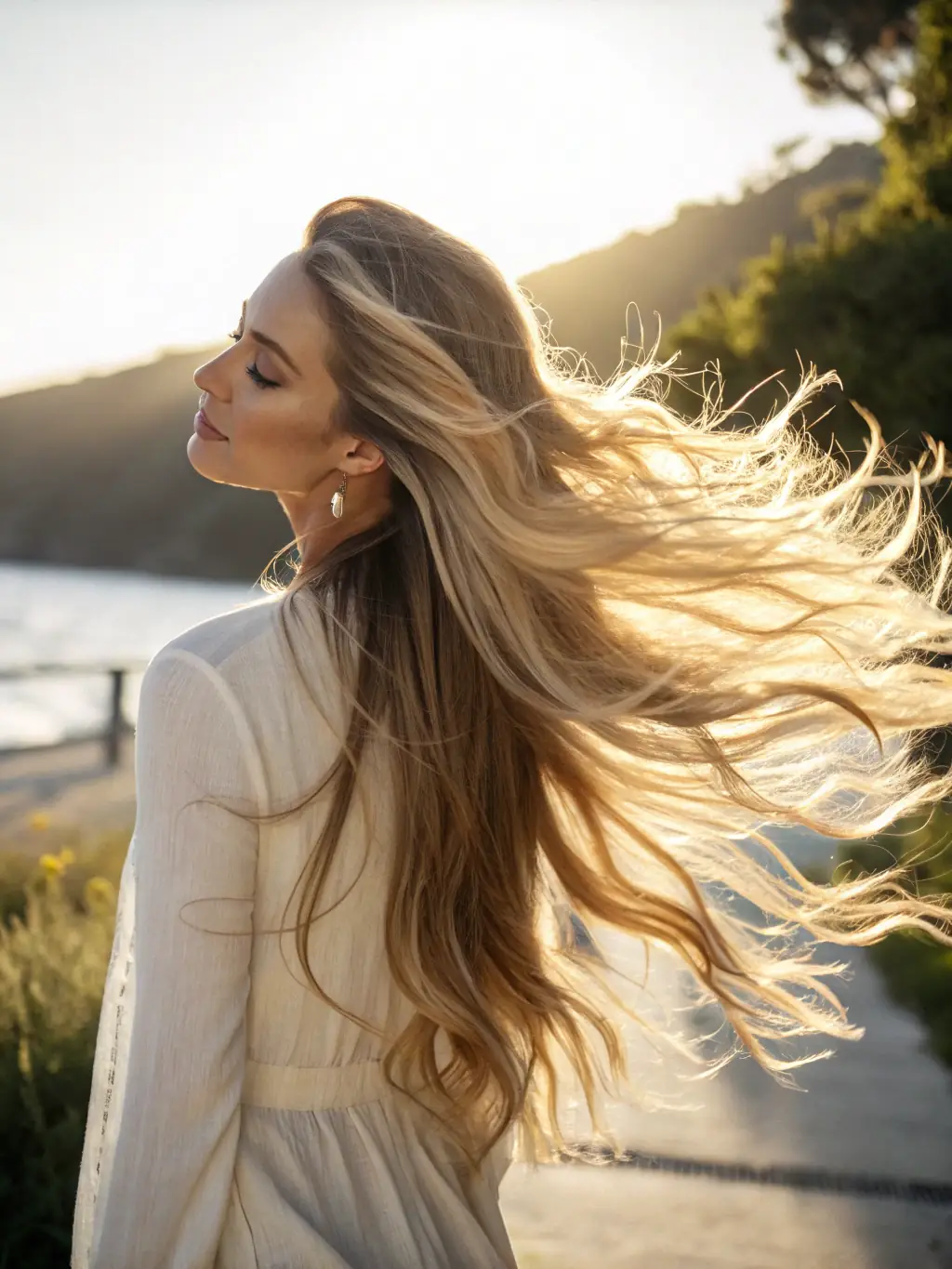 A woman with voluminous hair extensions seamlessly blended with her natural hair, adding length and thickness. The image should showcase the salon's expertise in applying and styling hair extensions for a natural look.