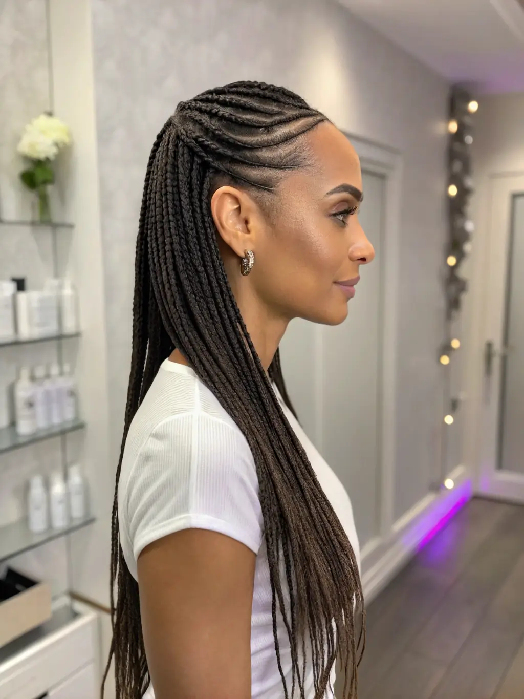 A client smiling and showing off her long, voluminous hair with tape-in extensions, styled perfectly in a modern salon setting at Amy Clare Hair.