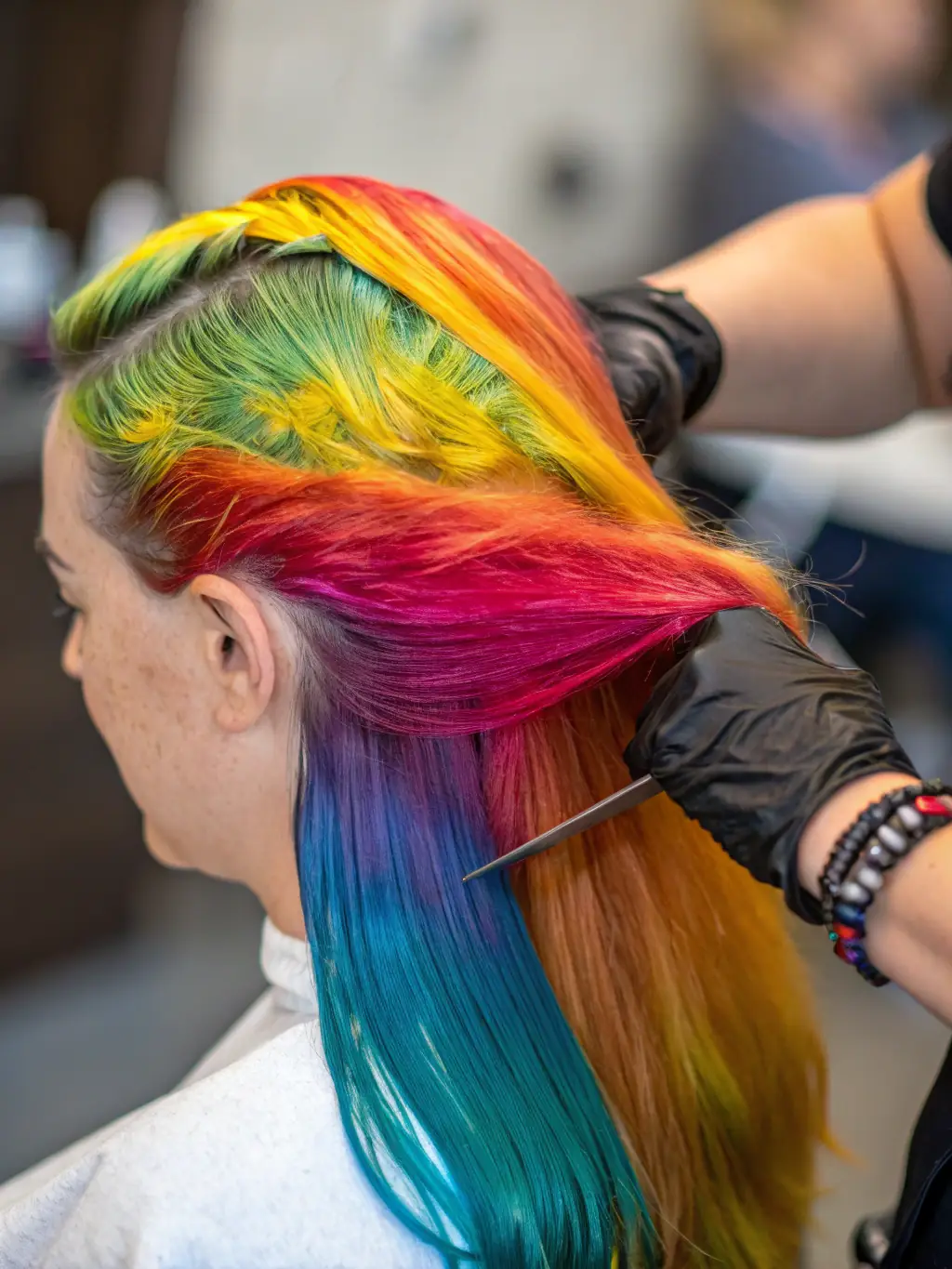 A stylist carefully applying a precise color treatment to a client's hair, ensuring even coverage and vibrant results in the professional setting of Amy Clare Hair.