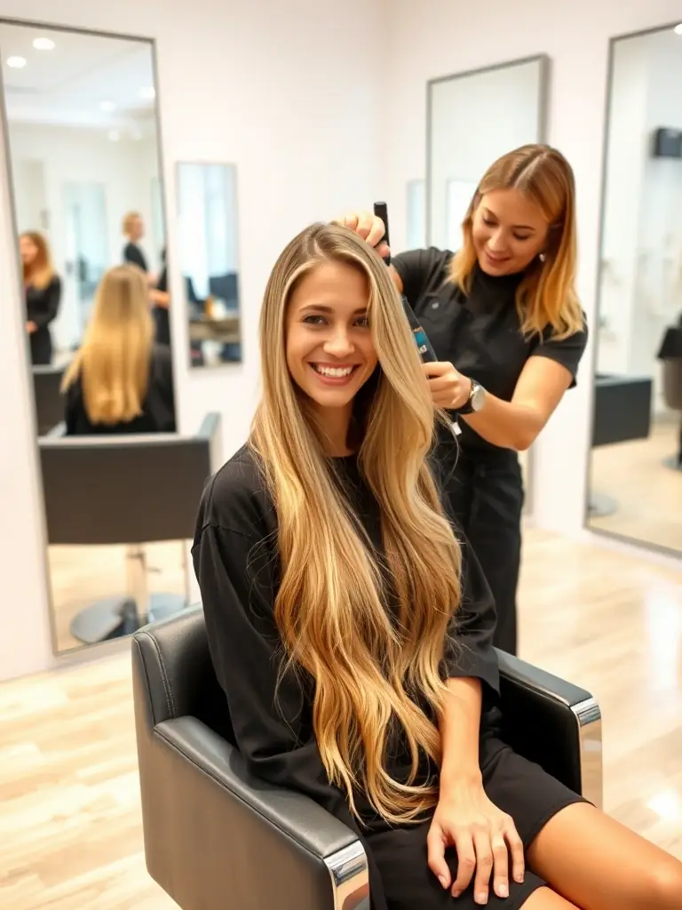 A woman with long, flowing blonde hair styled in beach waves, smiling confidently in a salon setting. The image should convey a sense of effortless beauty and the expertise of Amy Clare Hair in creating natural-looking styles.
