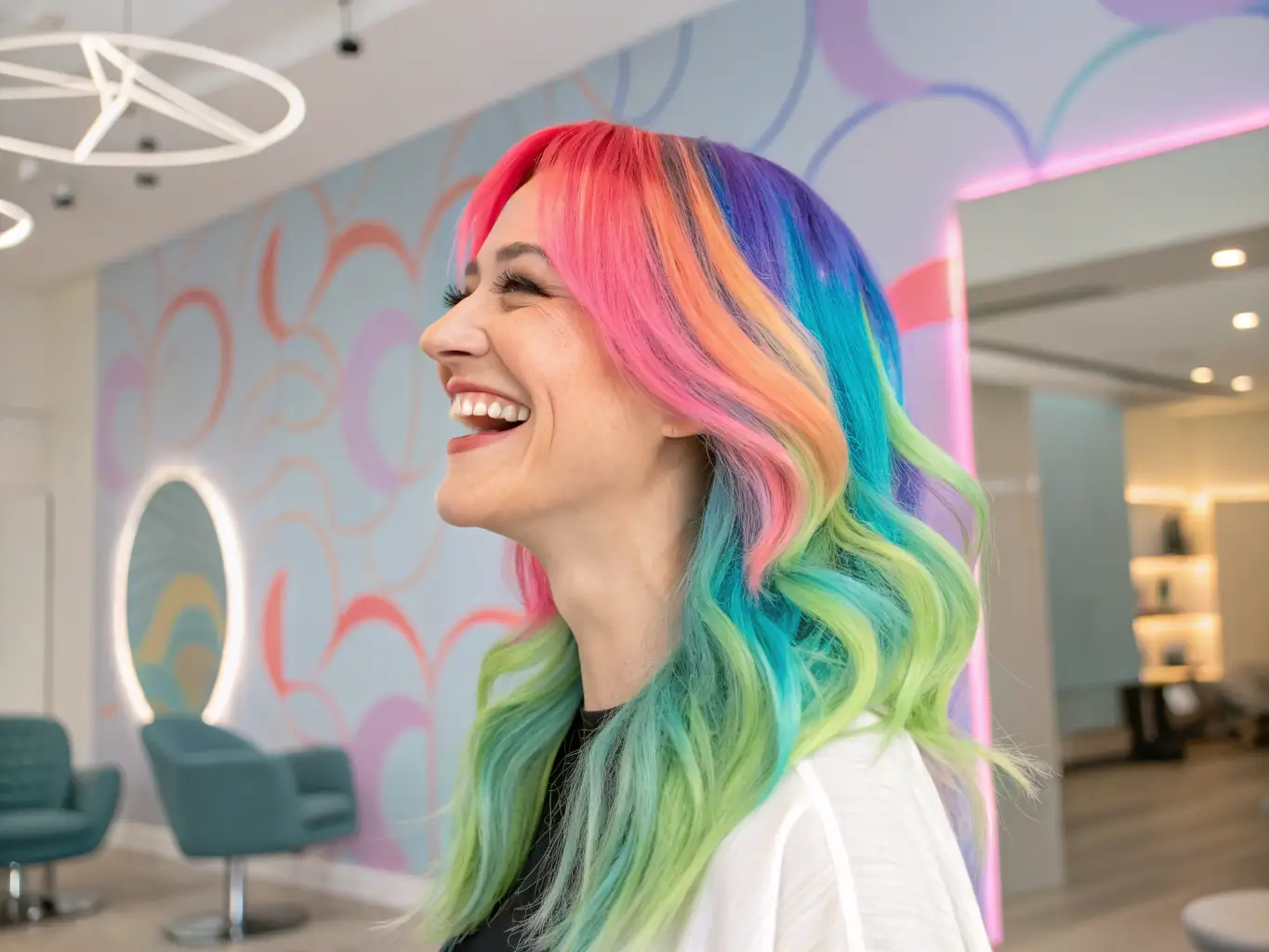 A client with vibrant, fashion-forward hair color, such as pastel pink or electric blue, styled in a trendy cut, photographed in a salon environment.