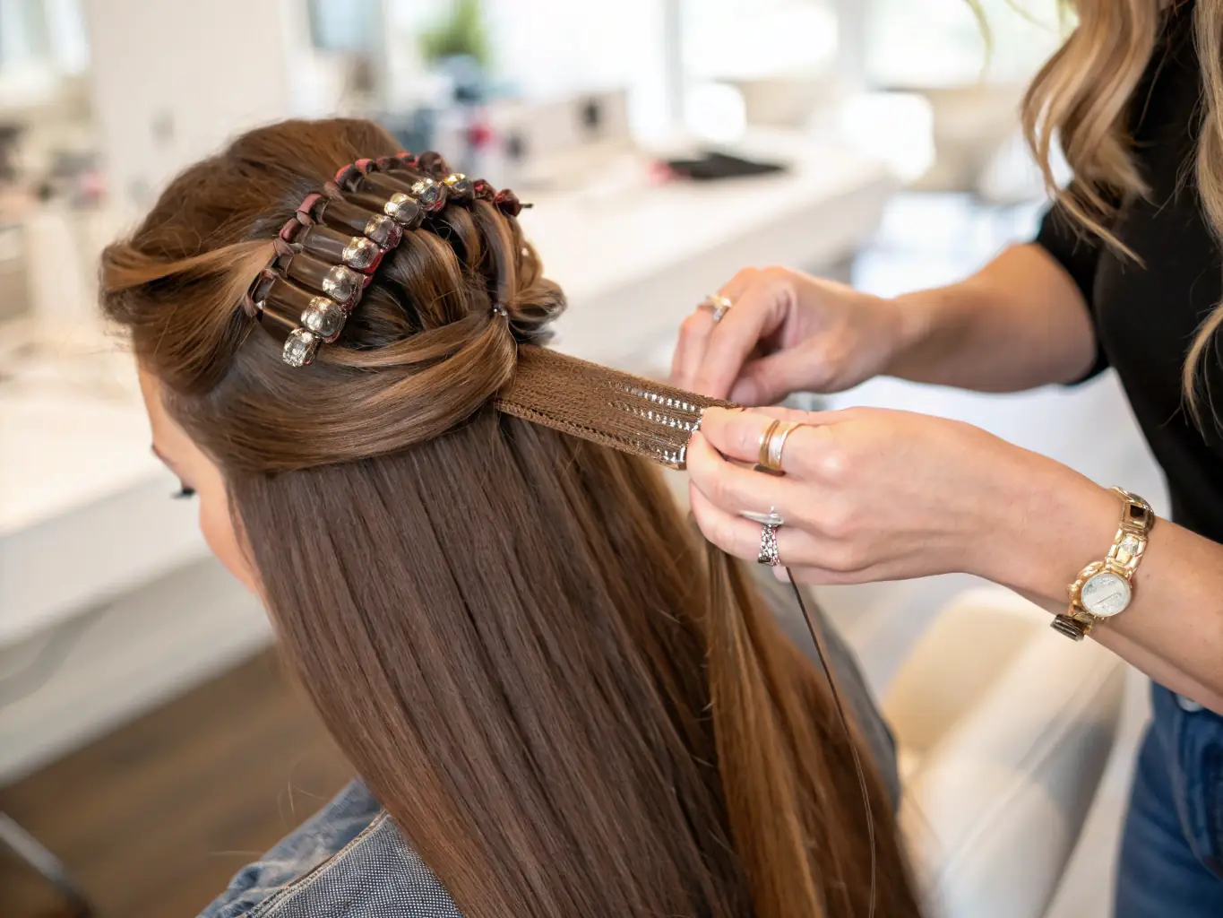 A detailed image of high-quality tape-in hair extensions being applied to a client's hair, demonstrating the seamless blend and added volume.