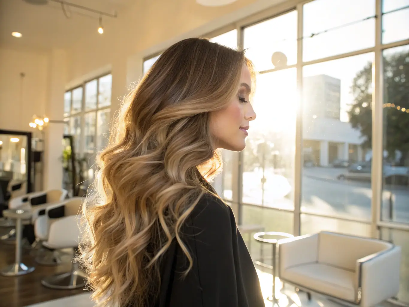 A sleek image of a client with smooth, straight hair after receiving a keratin bond therapy treatment, highlighting the treatment's effectiveness in reducing frizz and improving hair texture.