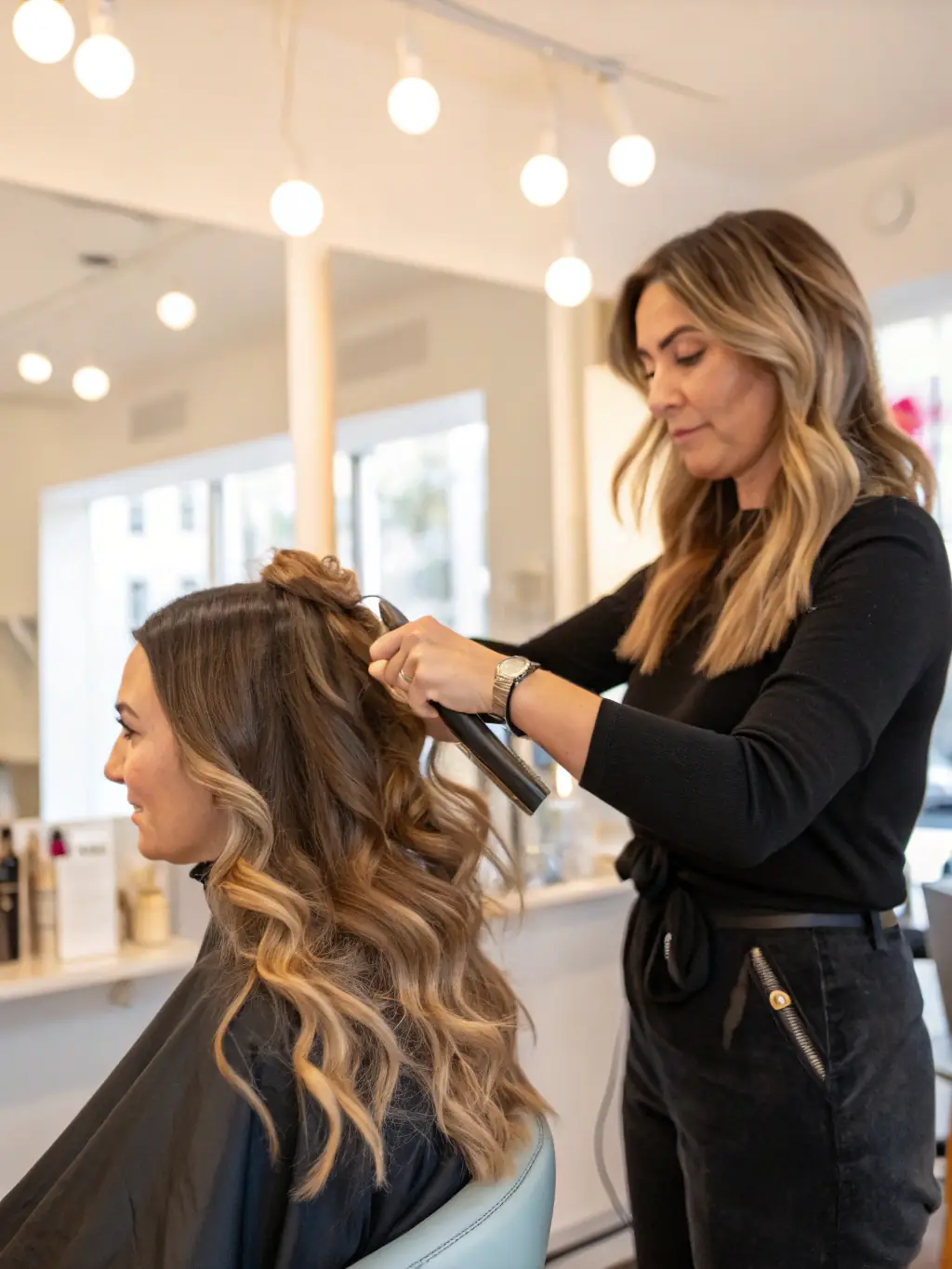 A close-up shot of a client's hair undergoing a balayage treatment at Amy Clare Hair, showcasing the stylist applying the color with precision and care.