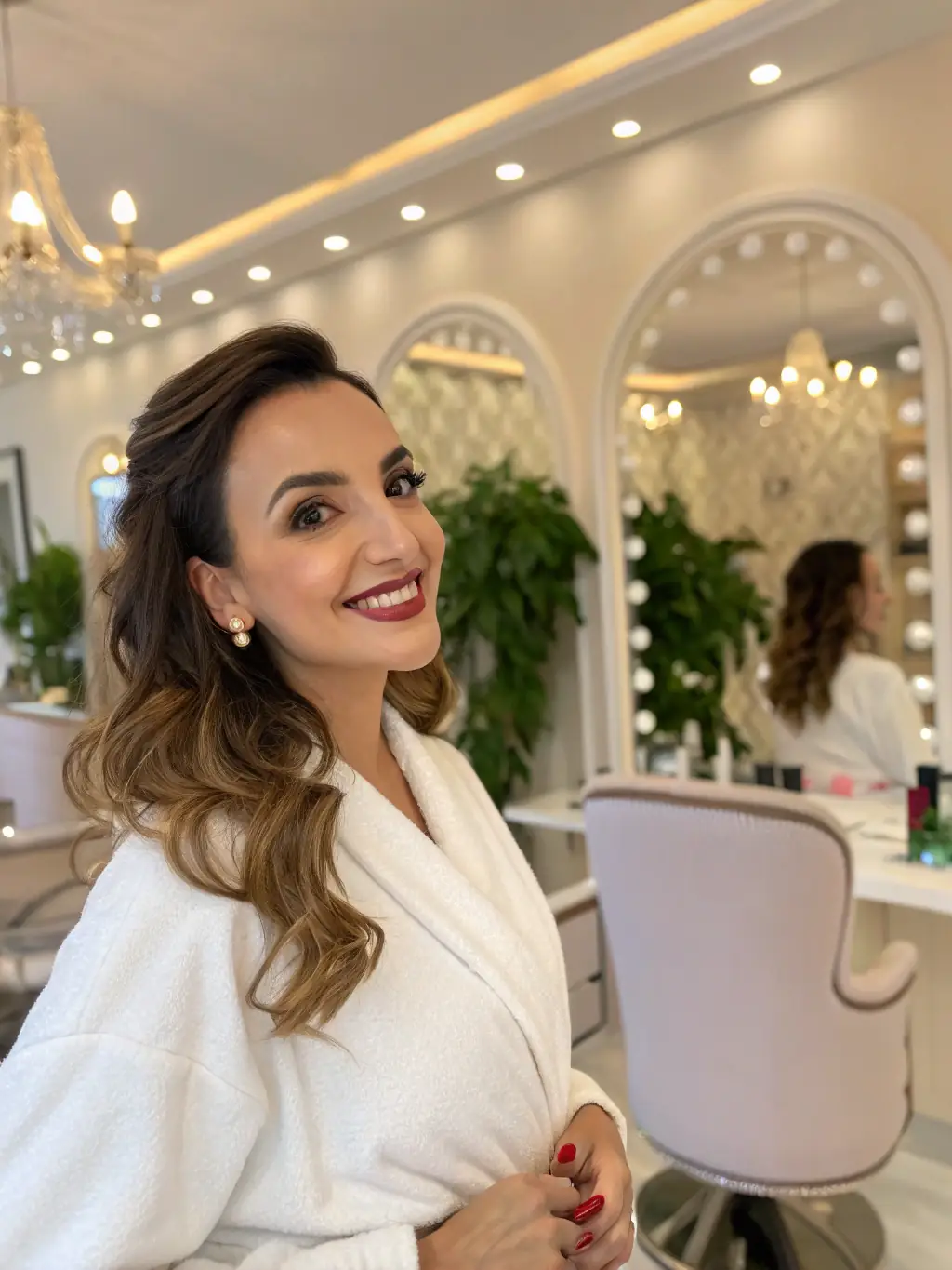 A client with smooth, frizz-free hair after a keratin bond therapy session, styled in a polished, professional look, with a focus on the hair's shine and manageability.