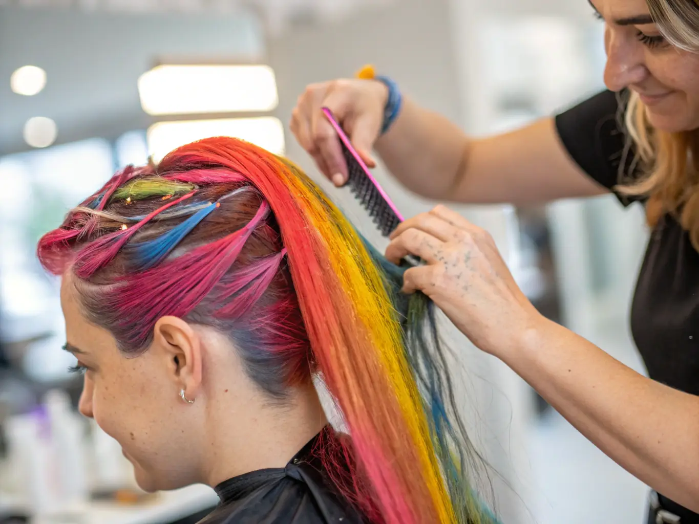 A stylist applying a single-process color to a client's hair, ensuring even coverage and vibrant results in a well-lit salon.