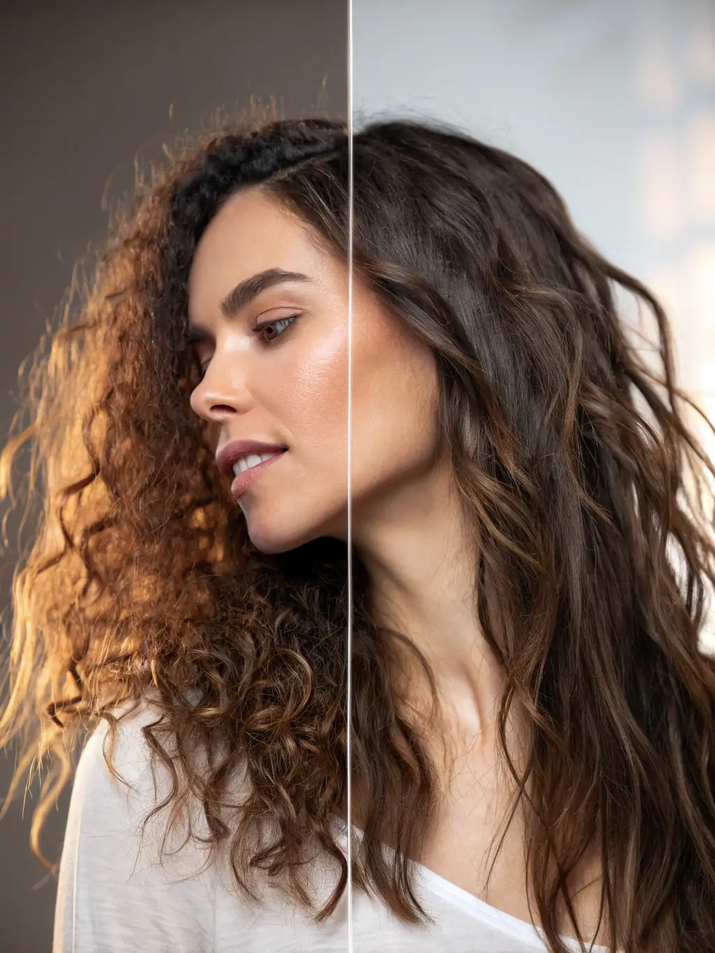 A before-and-after shot of a client's hair undergoing a keratin bond therapy, demonstrating the transformation from frizzy to smooth and sleek at Amy Clare Hair.
