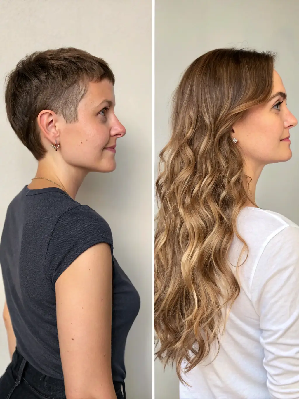 A before-and-after shot showcasing the transformation achieved with keratin bond extensions at Amy Clare Hair, highlighting the added length and volume.