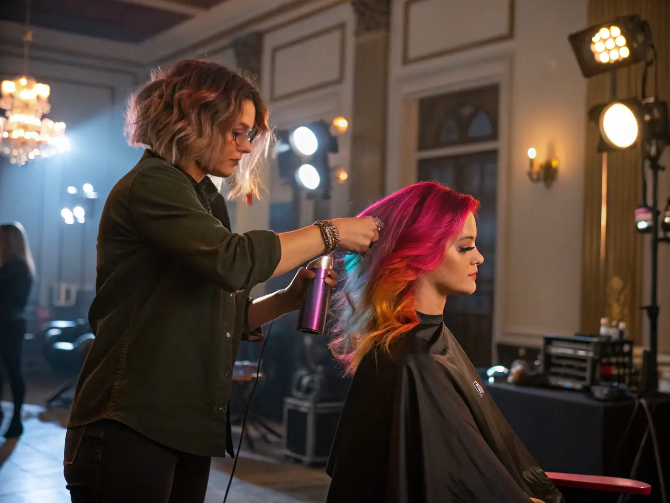 A stylist applying a balayage technique to a client's long, wavy hair in a modern salon setting, showcasing the subtle blend of colors.